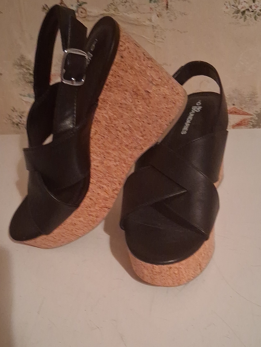 No Boundaries Black Wedge Sandals with Cork-Style Platform